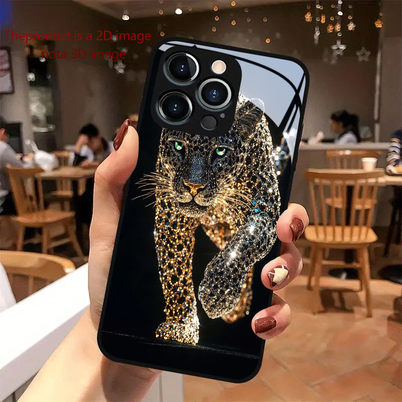 Table Tennis 11 - PROTECT เคสป้องกันกระจกนิรภัยหรูหรา ประดับเพชรลายเสือดาวทอง สำหรับ iPhone 17/16e/16/15/14/13/12/Max/11/Pro/Plus