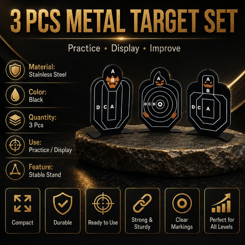 Practice Target Board - ชุดเป้าซ้อมยิงโลหะแบบตั้งได้ด้วยตัวเองสำหรับงานหนัก, แผ่นมาร์คกิ้งสแตนเลสแบบใช้ซ้ำได้ 3 ชิ้น สำหรับเกมสนุกในร่มและกลางแจ้ง