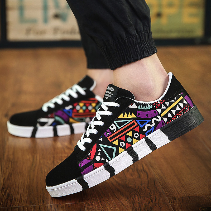 Table Tennis Men - รองเท้าผ้าใบผู้ชาย Graffiti ผ้าใบรองเท้าแฟชั่นรองเท้าสบายๆสีดํา LACE-up Vulcanized รองเท้า
