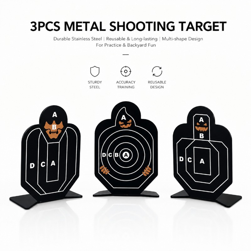 Practice Target Board - ชุดเป้าซ้อมยิงโลหะแบบตั้งได้ด้วยตัวเอง แข็งแรงทนทาน, แผ่นทำเครื่องหมายโลหะผสมแบบใช้ซ้ำได้ 3 ชิ้น สำหรับการเล่นเพื่อความสนุกสนานทั้งในร่มและกลางแจ้ง