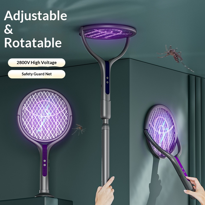 Head Racket Boom - ไม้ตียุงไฟฟ้าแบบหมุนได้ ชาร์จไฟได้ ใช้สำหรับฆ่ายุงและแมลงวัน พร้อมหลอดดักยุง ใช้ได้ทั้งภายในและภายนอกอาคาร